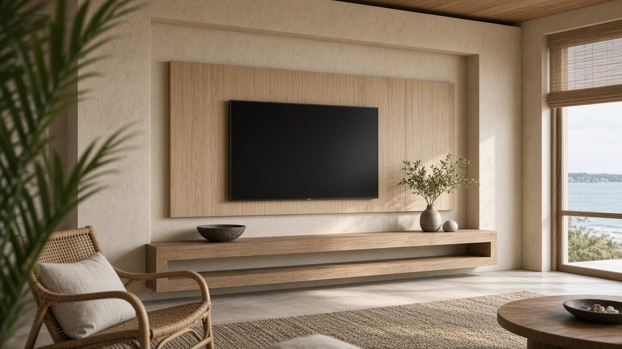Design rendering: boca grande 01 understated floating media wall concept