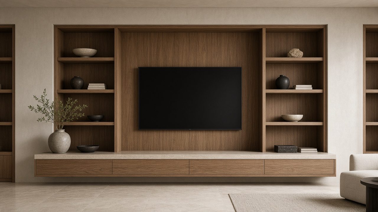 Design rendering: boca grande 03 builtin shelving media wall concept
