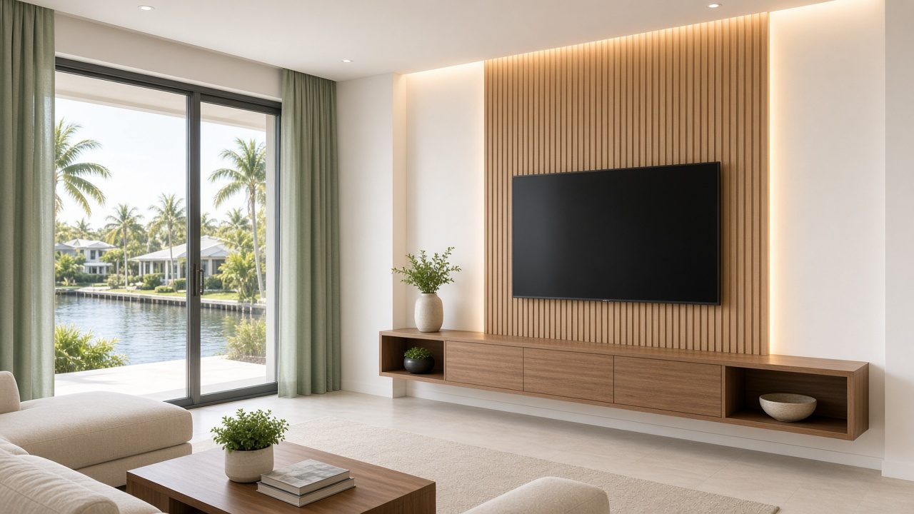 Design rendering: cape coral 01 fluted oak backlit media wall concept