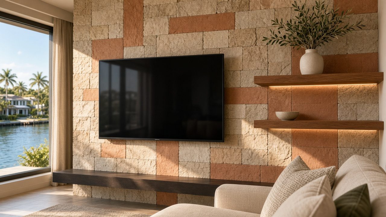 Design rendering: cape coral 02 stone look terracotta media wall concept