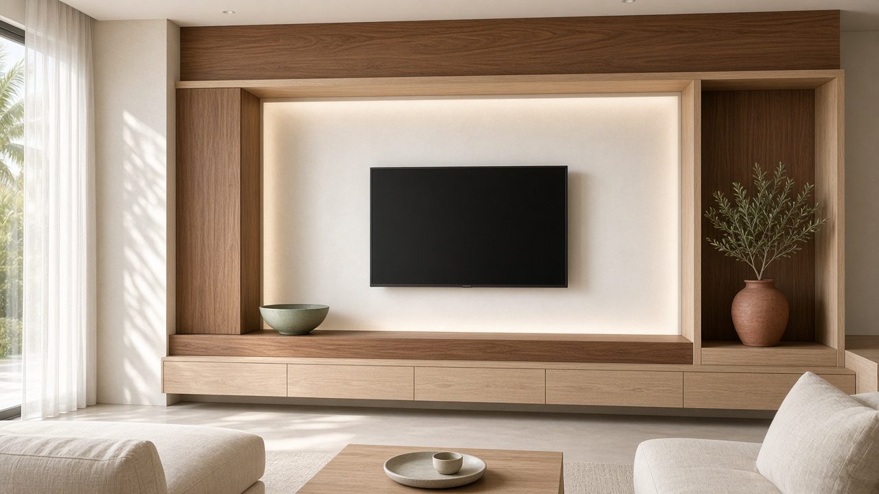 Design rendering: cape coral 03 warm walnut japandi media wall concept