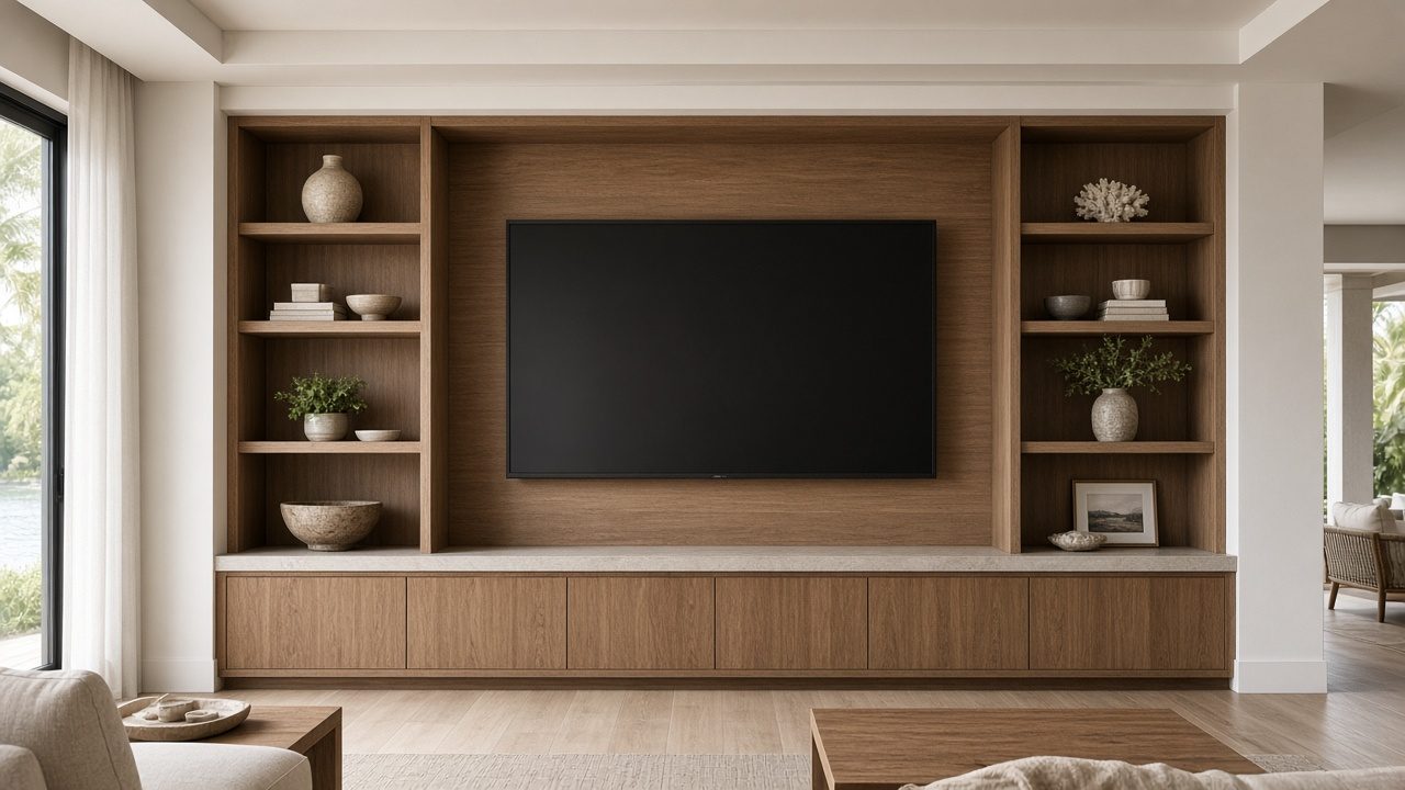 Design rendering: casey key 02 builtin shelving media wall concept