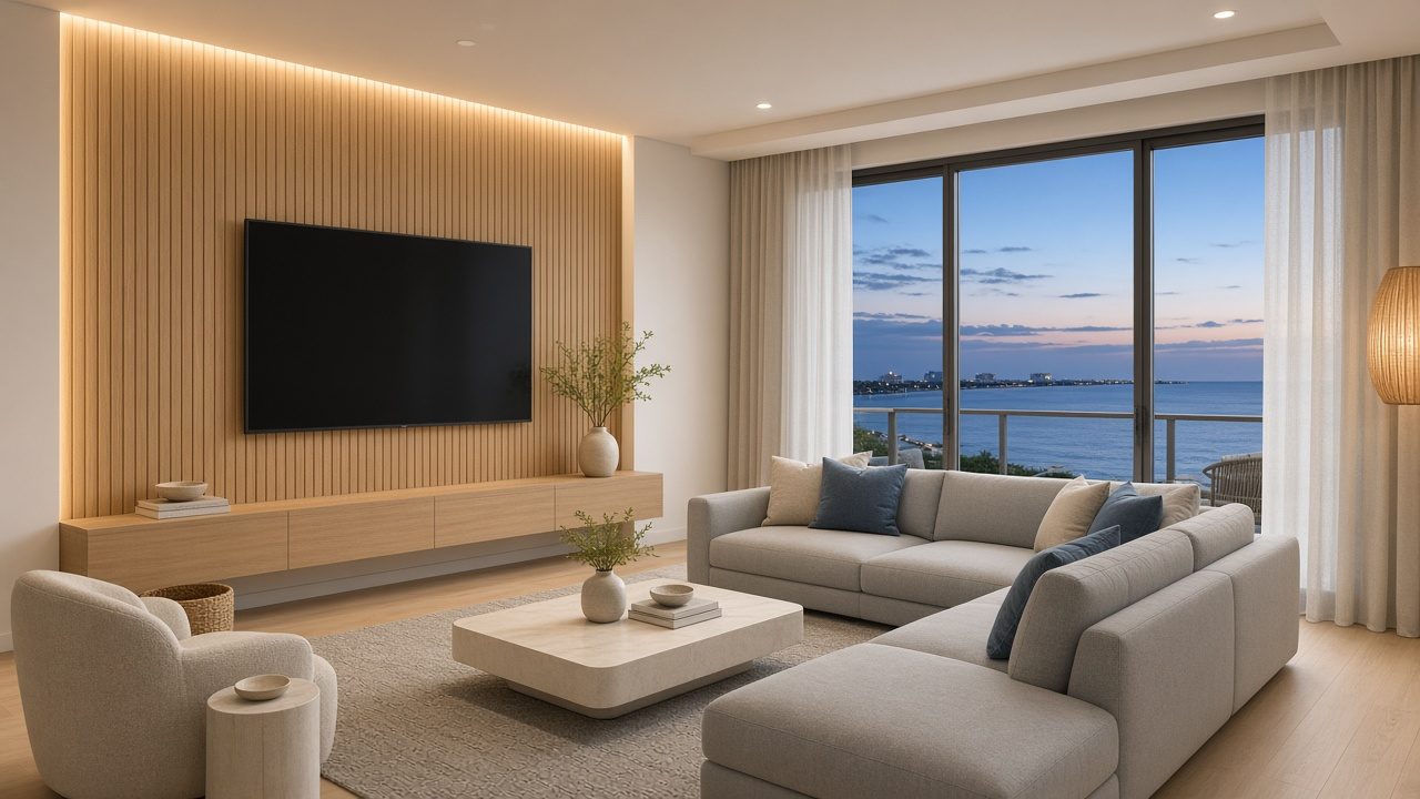 Design rendering: clearwater 01 fluted oak backlit media wall concept