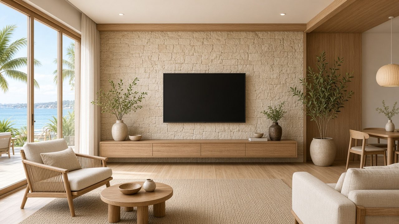 Design rendering: clearwater 02 stone look japandi media wall concept