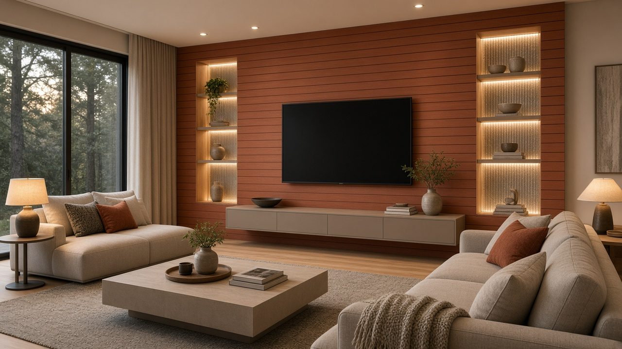 Design rendering: clearwater 03 hot terracotta backlit media wall concept