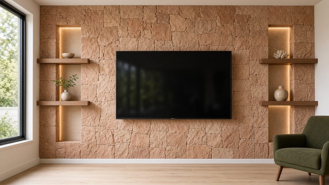 Design rendering: englewood 02 terracotta stone look media wall concept