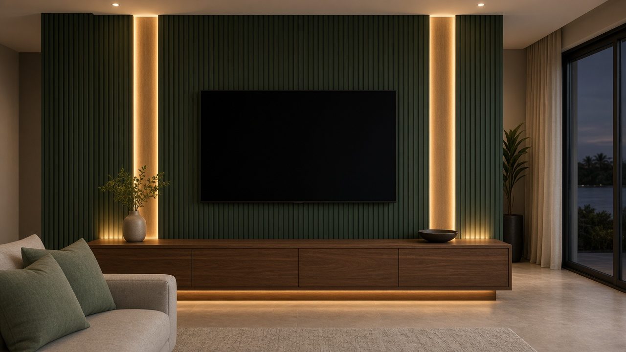 Design rendering: englewood 03 deep green backlit media wall concept