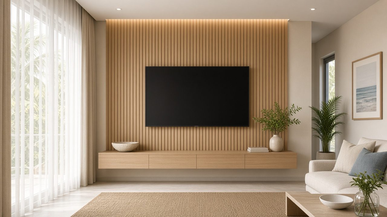 Design rendering: floating wood-slat media wall concept