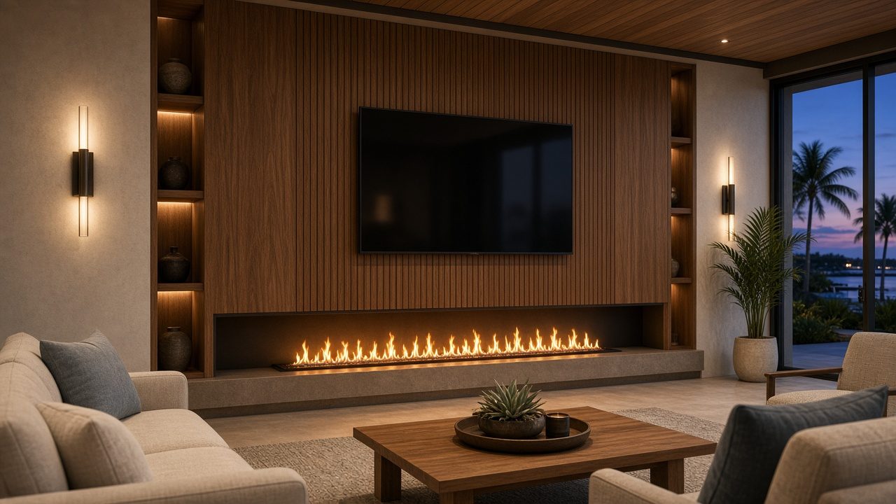 Design rendering: fireplace media wall concept