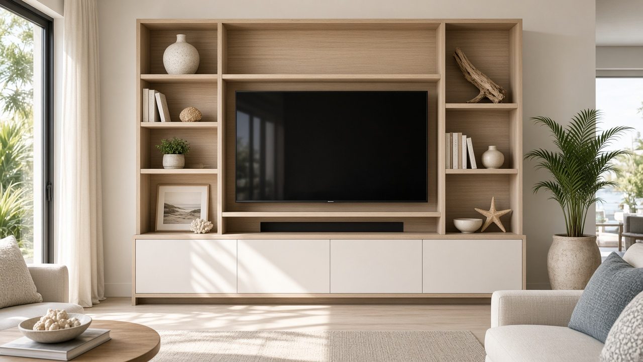 Design rendering: built-in shelving media wall concept