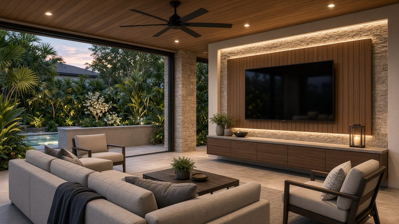 Design rendering: lanai outdoor TV wall concept