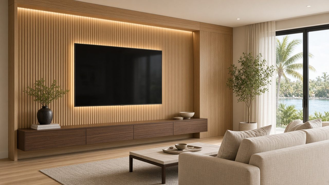 Design rendering: idea fluted oak modern wall concept