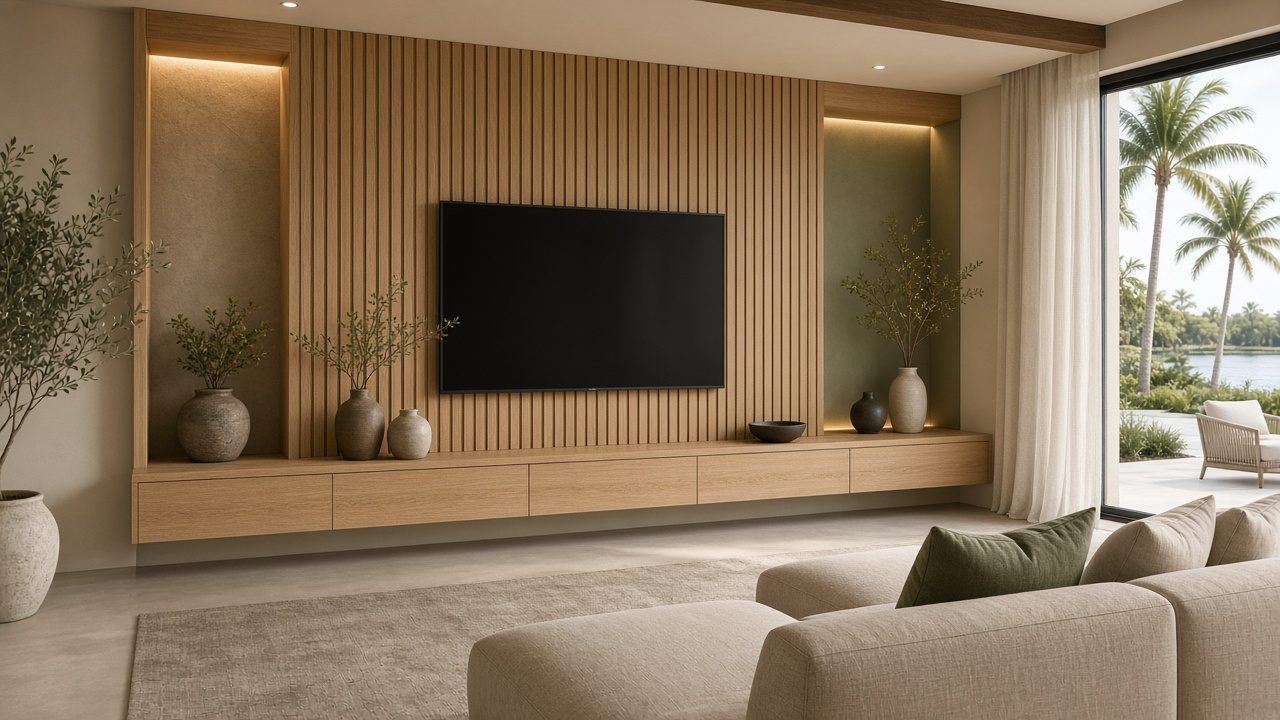 Design rendering: idea japandi floating console wall concept