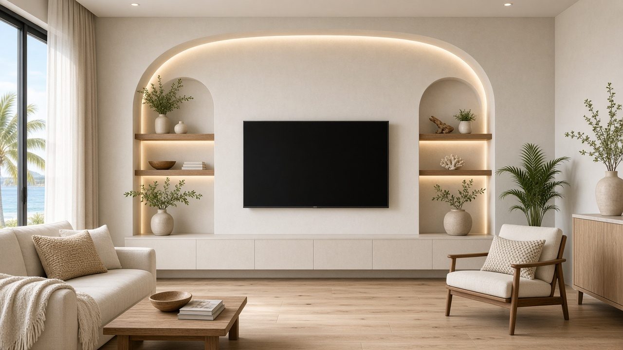 Design rendering: idea limewash plaster tv wall concept