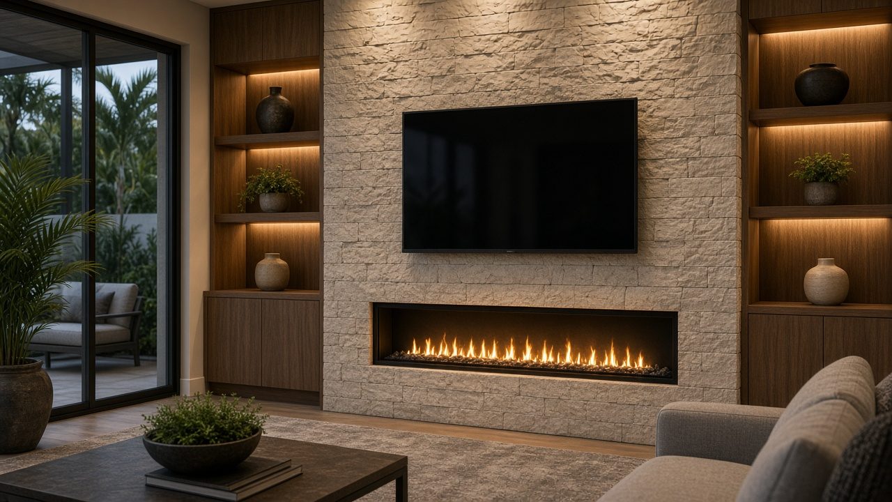 Design rendering: idea stone look fireplace surround wall concept