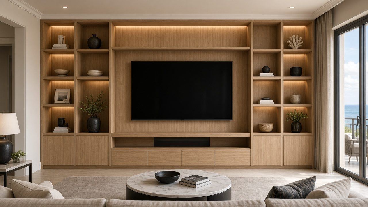 Design rendering: longboat key 03 builtin shelving media wall concept