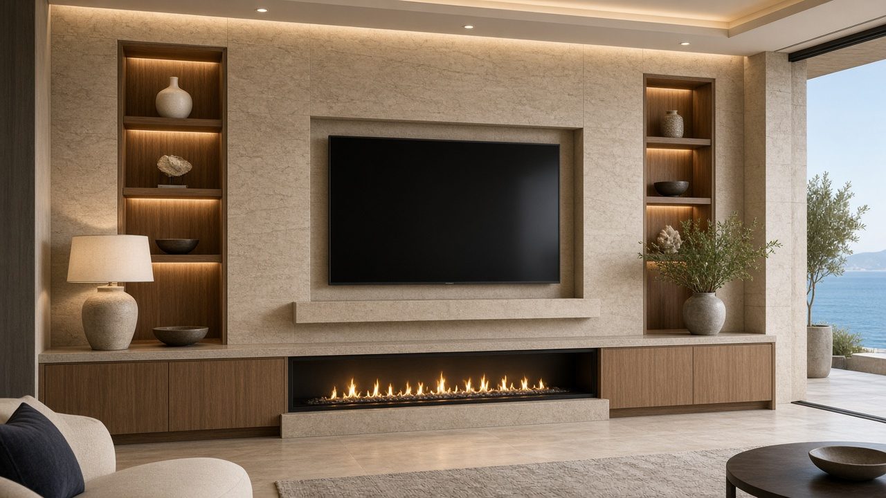 Design rendering: naples 02 fireplace builtin media wall concept