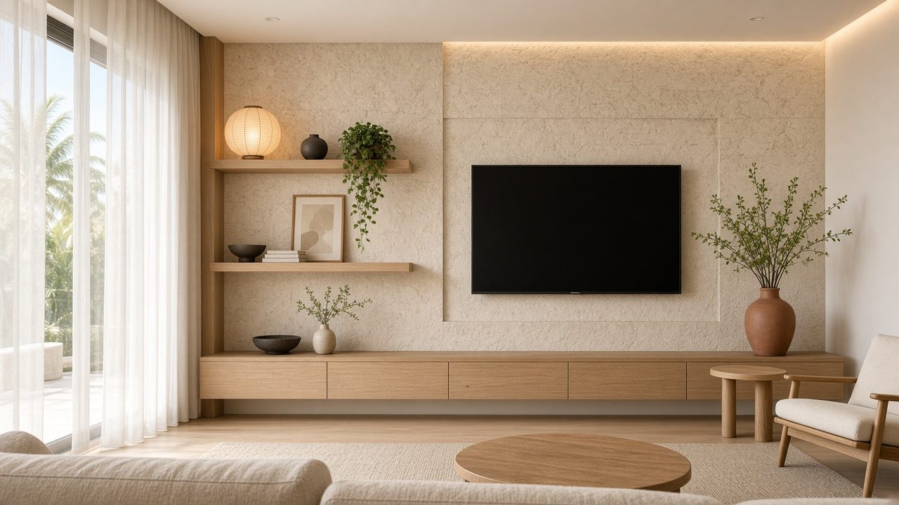 Design rendering: nokomis 02 stone look japandi media wall concept