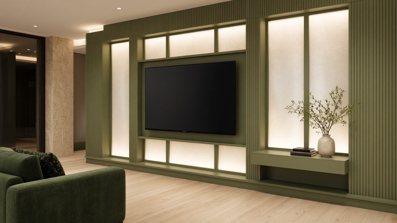 Design rendering: nokomis 03 sage olive translucent media wall concept