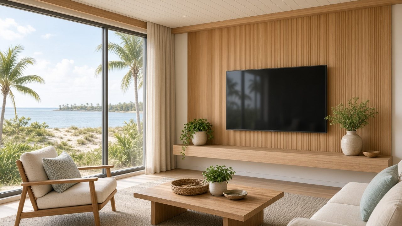 Design rendering: sanibel 01 coastal floating tv wall concept