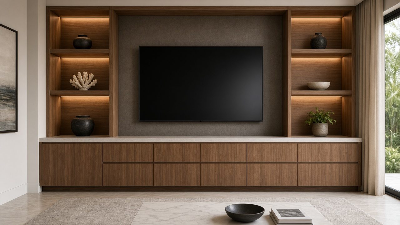 Design rendering: sarasota 03 builtin shelving media wall concept