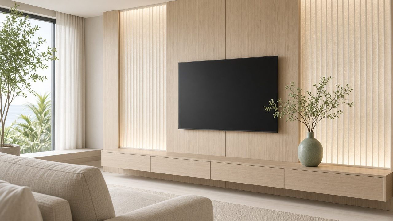 Design rendering: south sarasota 01 japandi oak backlit media wall concept