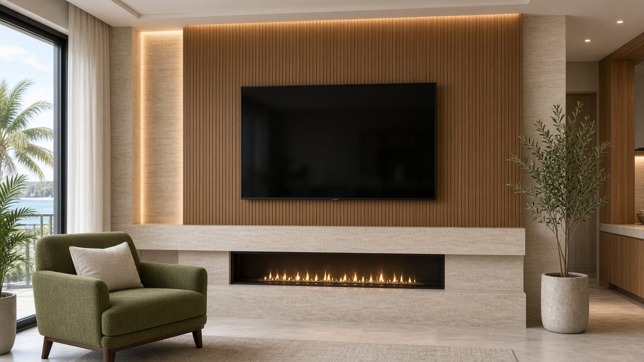 Design rendering: south sarasota 02 fluted walnut fireplace media wall concept