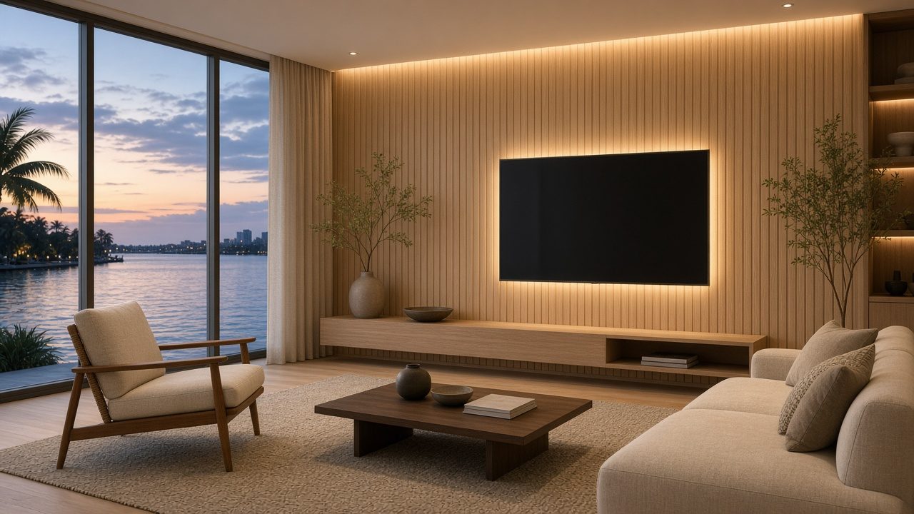 Design rendering: st petersburg 01 fluted oak backlit media wall concept