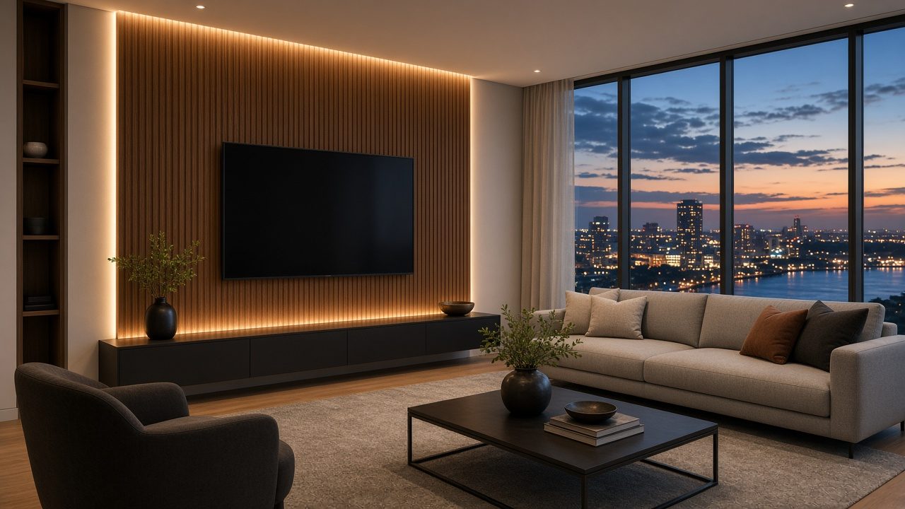 Design rendering: tampa 01 fluted walnut backlit media wall concept