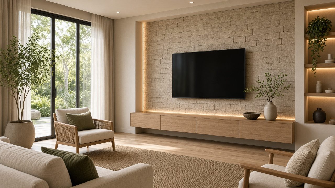Design rendering: tampa 02 stone look japandi media wall concept