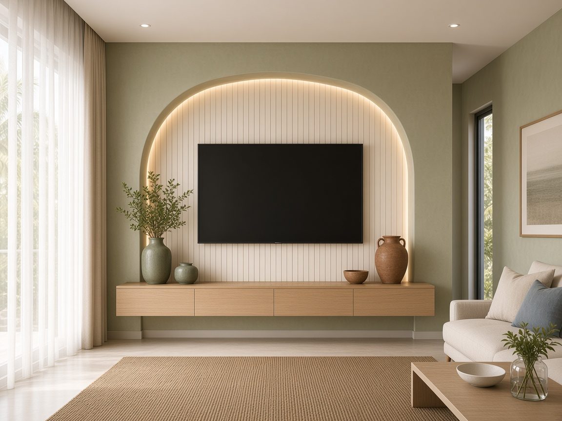 Design rendering: trend 02 limewash arched niche media wall concept