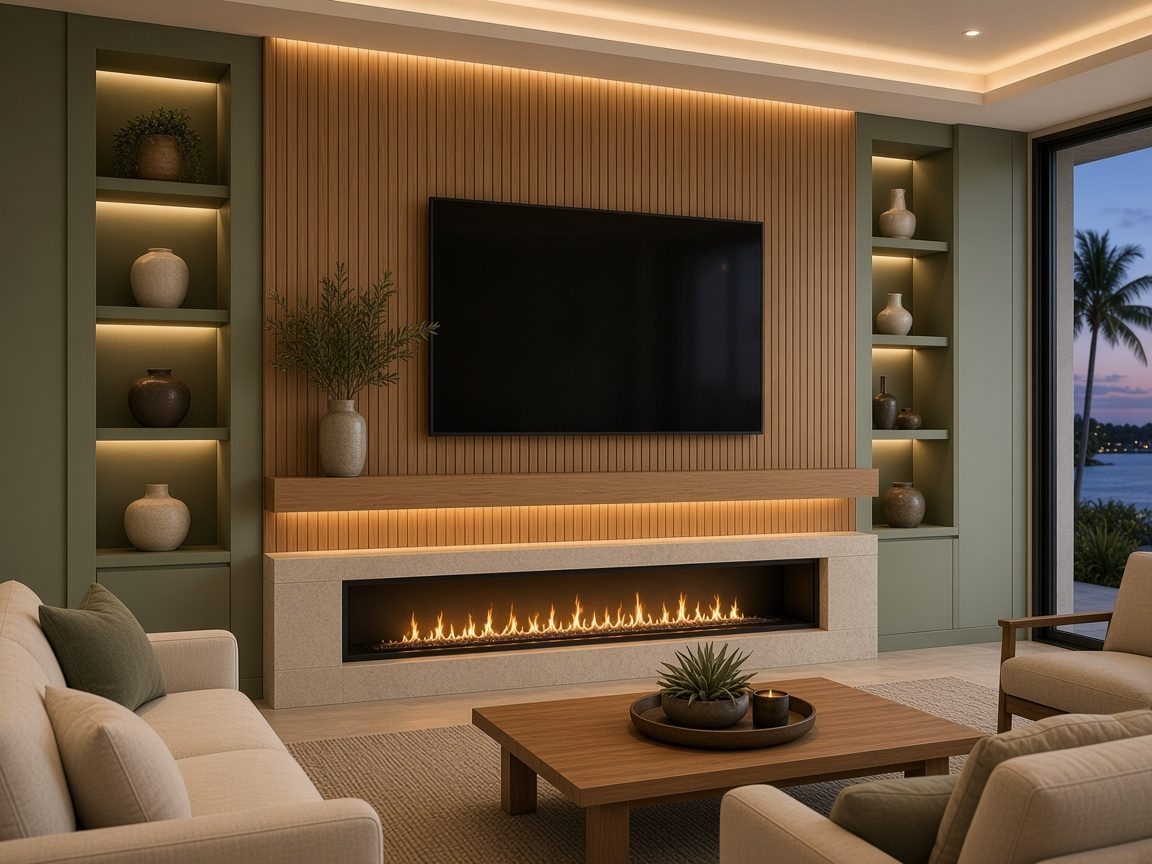 Design rendering: trend 03 sage oak fireplace media wall concept