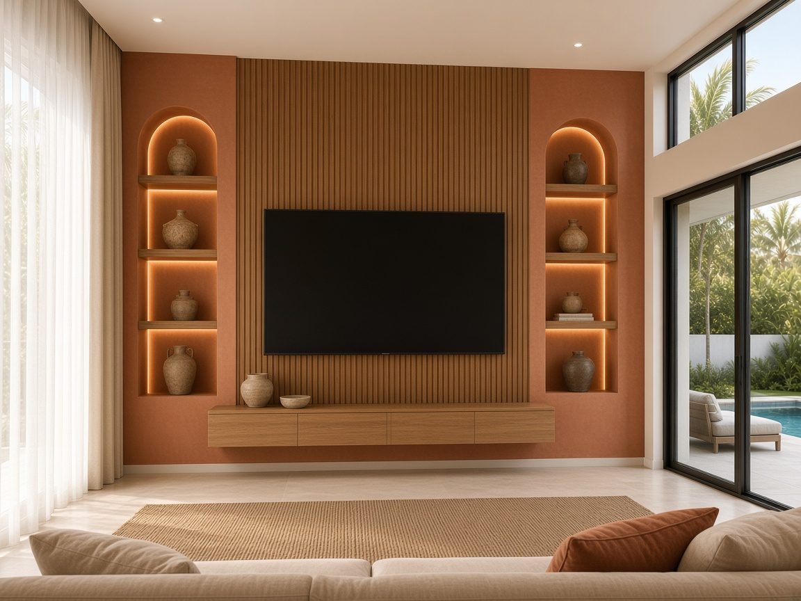 Design rendering: trend 04 terracotta venetian plaster media wall concept
