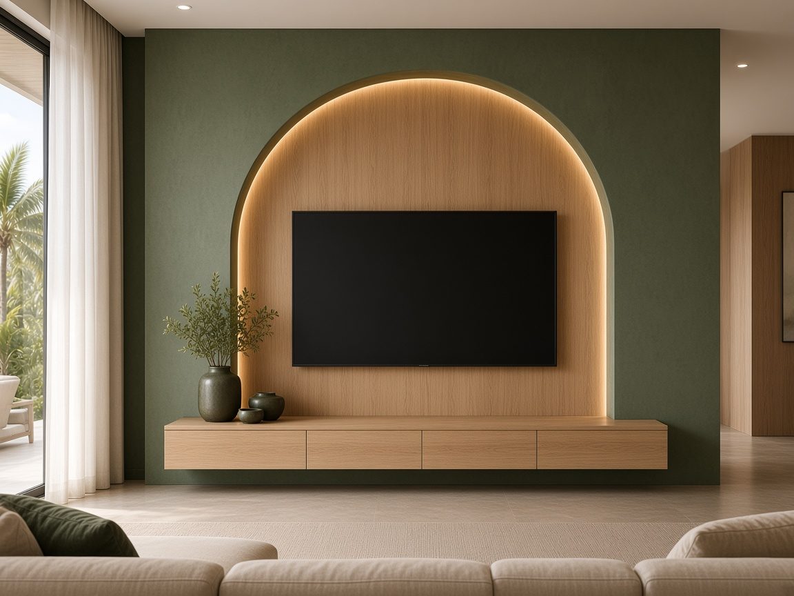 Design rendering: trend 05 deep green curved niche media wall concept