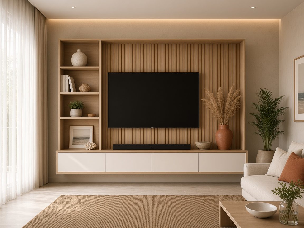 Design rendering: trend 06 warm taupe floating console media wall concept