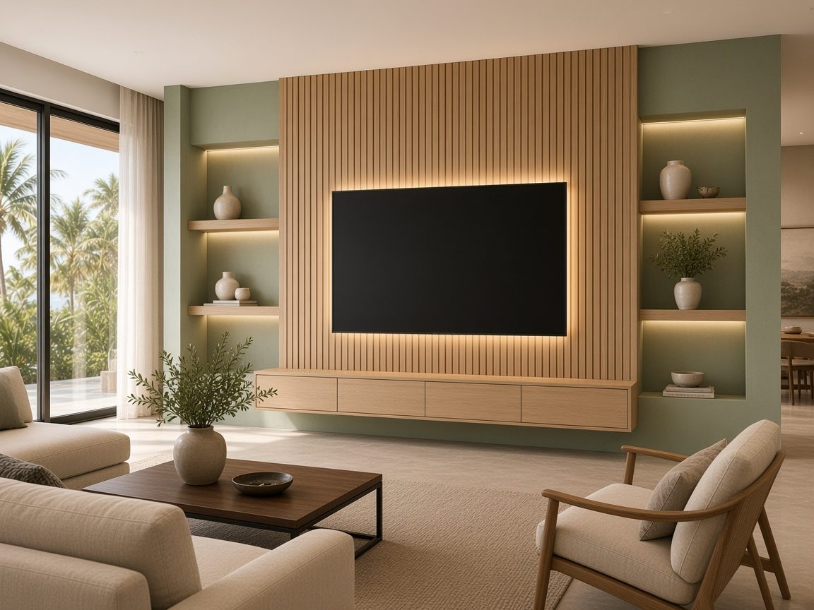 Design rendering: trend 07 white oak led backlit media wall concept