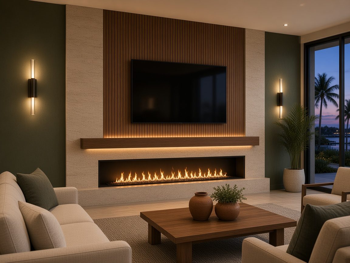 Design rendering: trend 08 stone surround walnut fireplace media wall concept