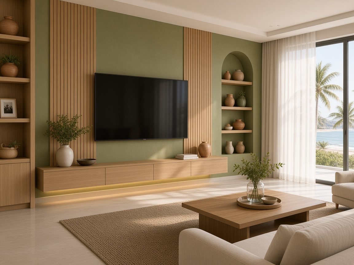 Design rendering: trend 09 olive japandi slat media wall concept