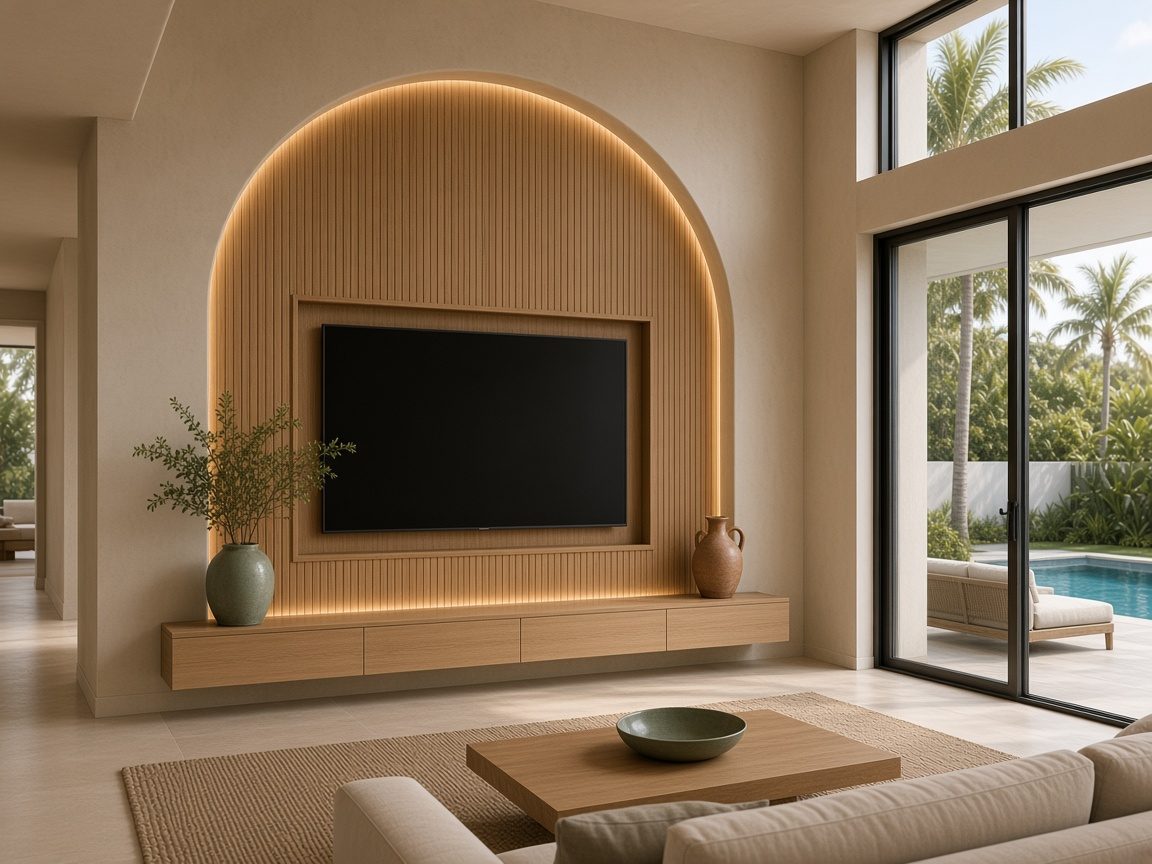 Design rendering: trend 10 fluted oak arched media wall concept