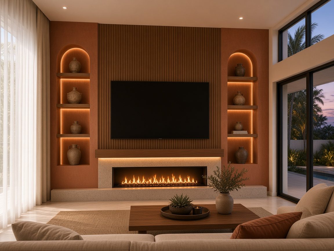 Design rendering: trend 11 earthy terracotta fireplace media wall concept