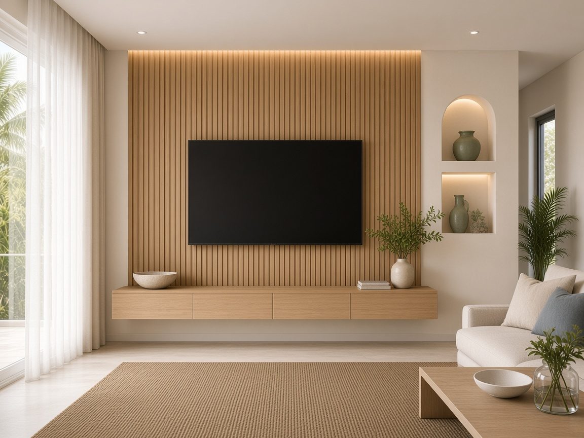 Design rendering: trend 12 warm white limewash media wall concept