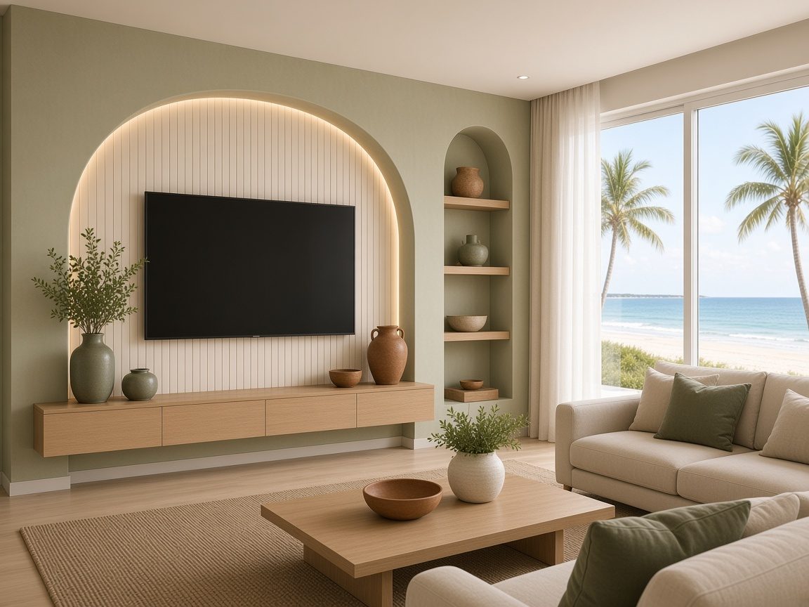 Design rendering: trend 13 sage green floating media wall concept