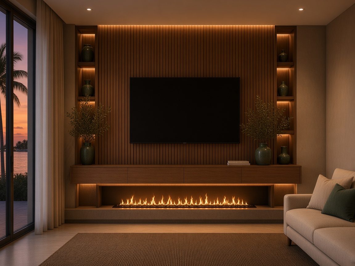 Design rendering: trend 14 walnut vertical slat led media wall concept