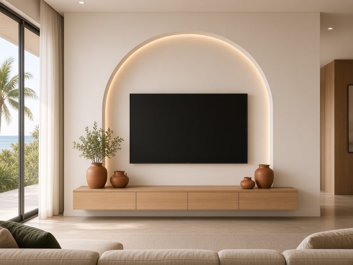 Design rendering: trend 15 curved niche oak media wall concept