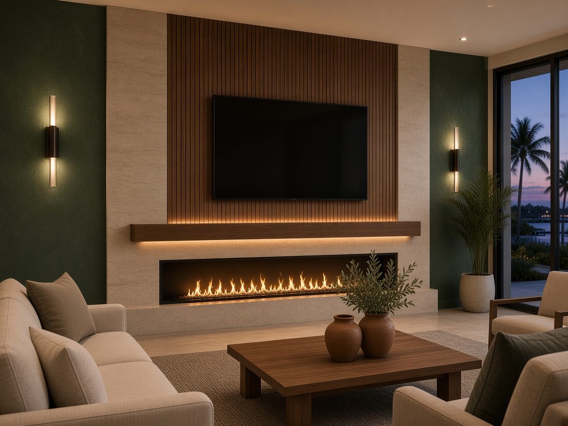 Design rendering: trend 16 deep green stone fireplace media wall concept