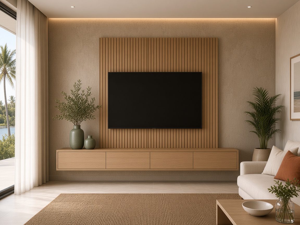 Design rendering: trend 17 japandi taupe console media wall concept