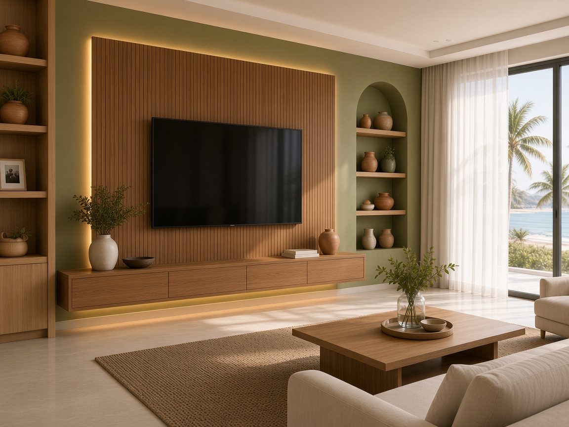 Design rendering: trend 18 olive fluted wood media wall concept