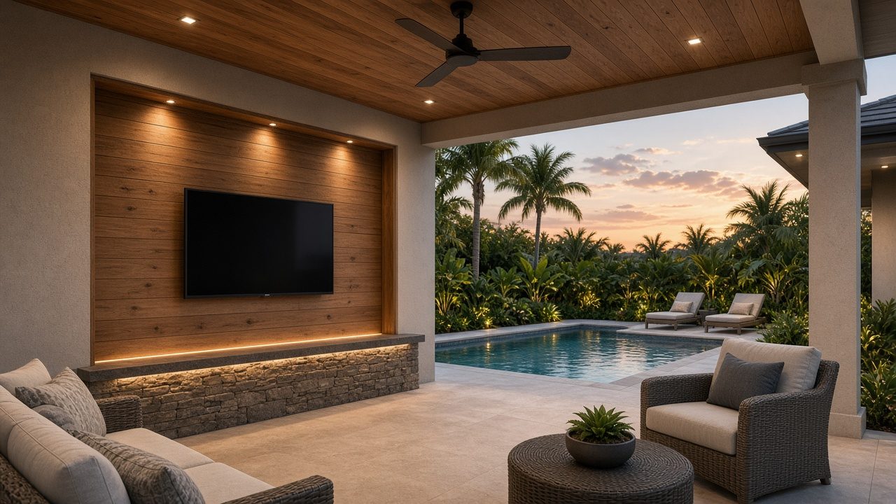 Design rendering: lanai outdoor TV wall concept for Venice