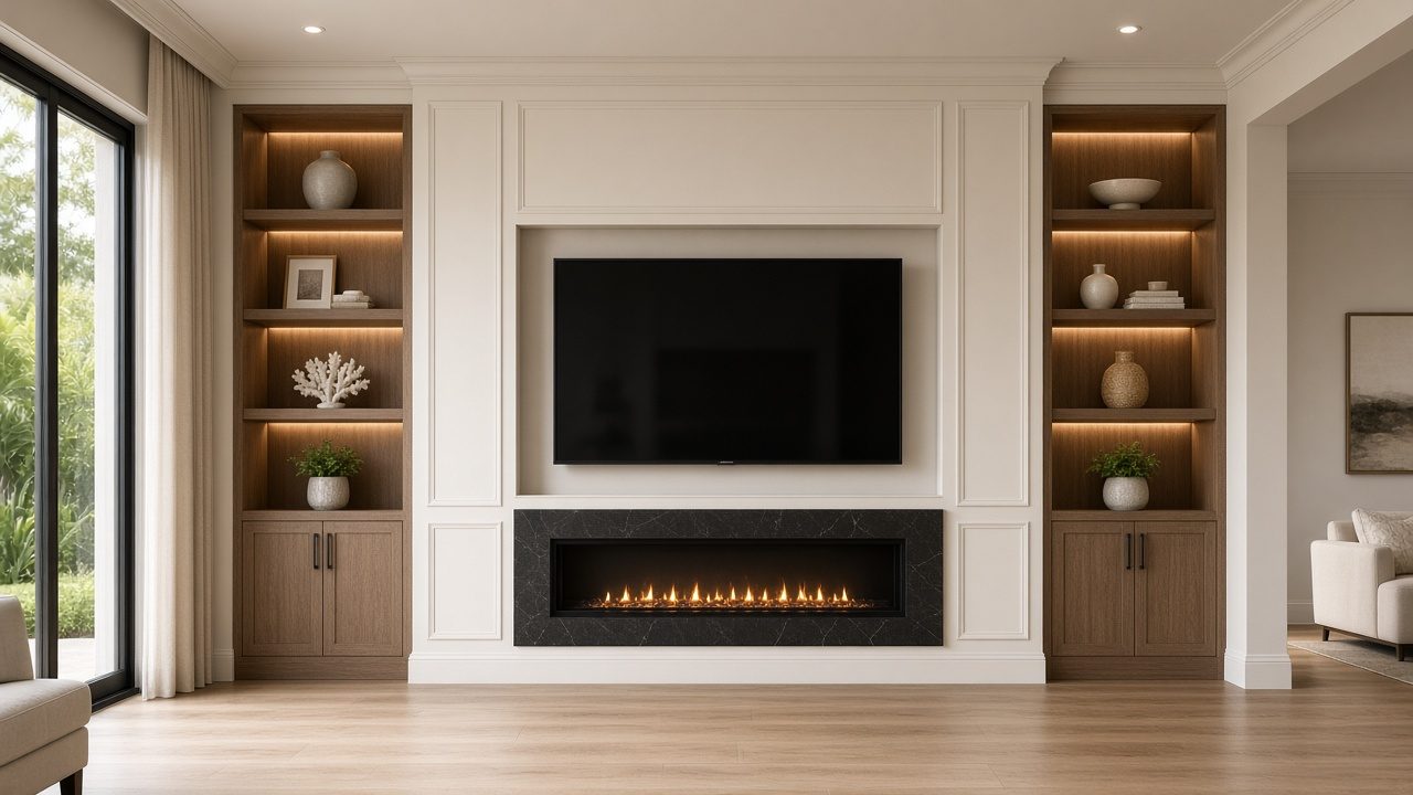 Design rendering: wellen park 02 fireplace builtin media wall concept