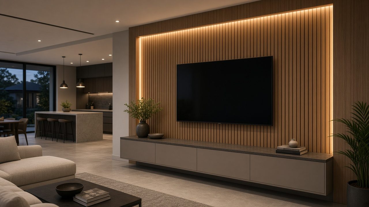 Design rendering: wellen park 03 backlit wood slat media wall concept